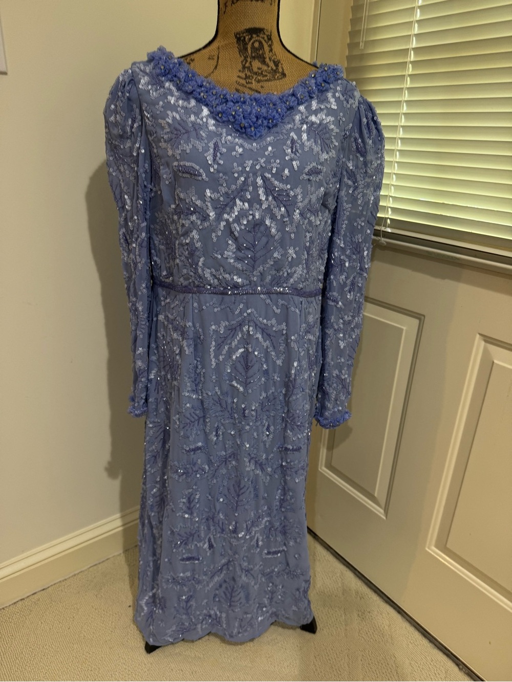 Mac Duggal Periwinkle Beaded Long Sleeve Gown